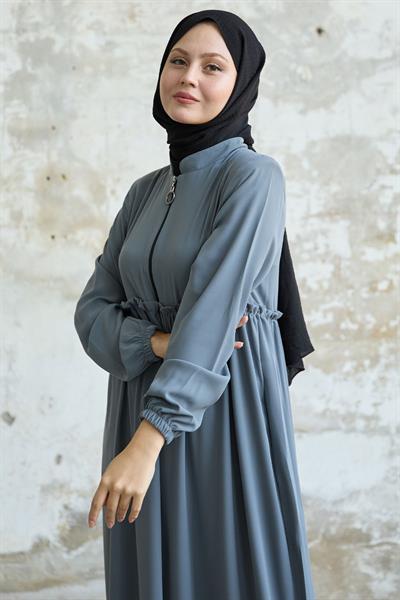 Arkadan Püskül Detay Büzgü Gri Ferace