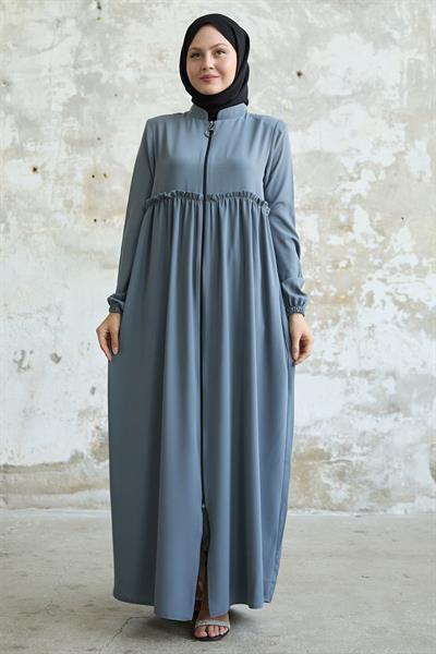 Arkadan Püskül Detay Büzgü Gri Ferace