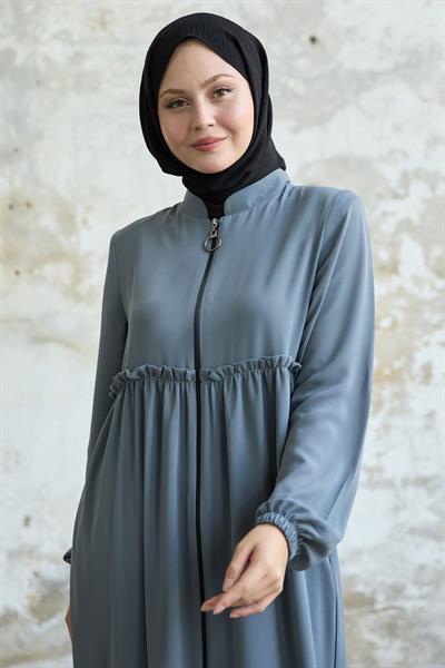 Arkadan Püskül Detay Büzgü Gri Ferace