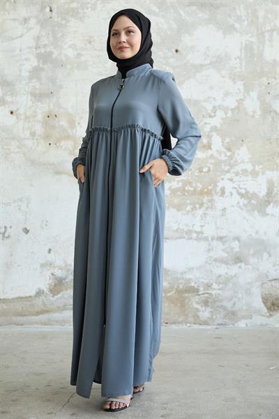 Arkadan Püskül Detay Büzgü Gri Ferace