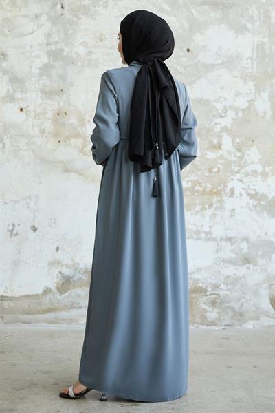 Arkadan Püskül Detay Büzgü Gri Ferace