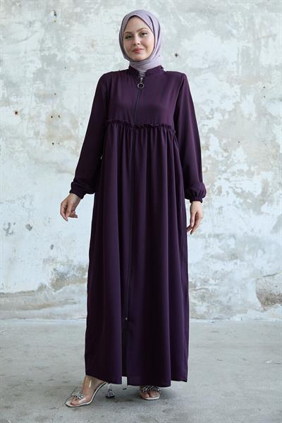 Arkadan Püskül Detay Büzgü Mürdüm Ferace