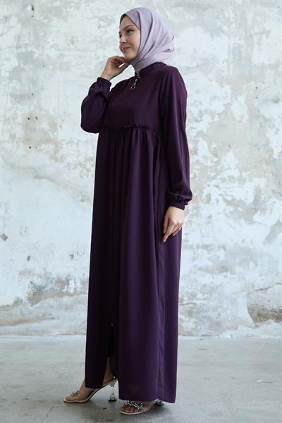 Arkadan Püskül Detay Büzgü Mürdüm Ferace