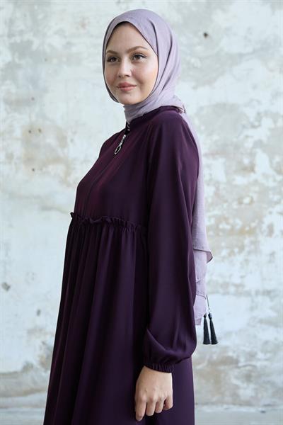 Arkadan Püskül Detay Büzgü Mürdüm Ferace