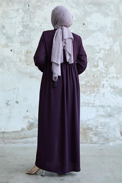 Arkadan Püskül Detay Büzgü Mürdüm Ferace