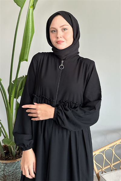 Arkadan Püskül Detay Büzgü Siyah Ferace