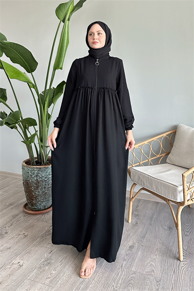 Arkadan Püskül Detay Büzgü Siyah Ferace