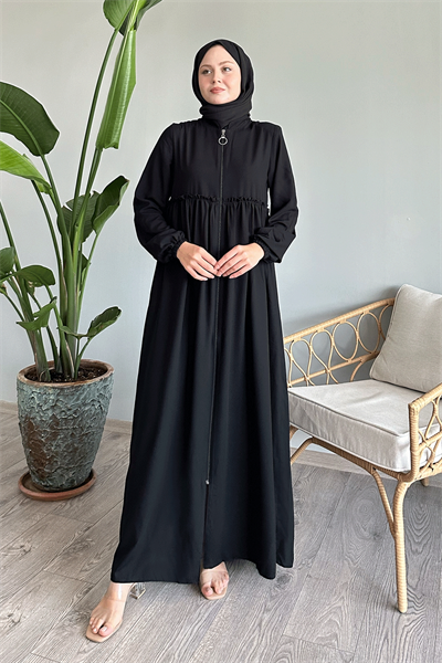 Arkadan Püskül Detay Büzgü Siyah Ferace