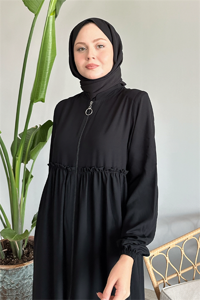 Arkadan Püskül Detay Büzgü Siyah Ferace