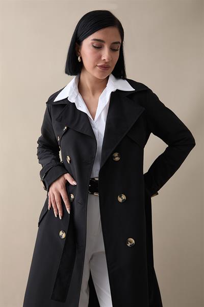 Arkası Zincir Detay Siyah Trençkot