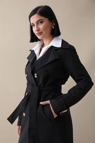 Arkası Zincir Detay Siyah Trençkot