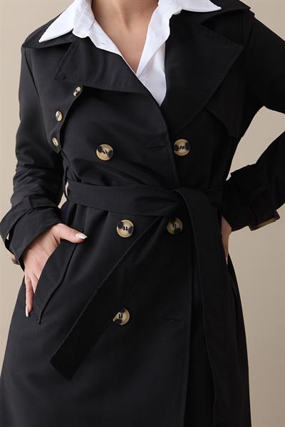 Arkası Zincir Detay Siyah Trençkot