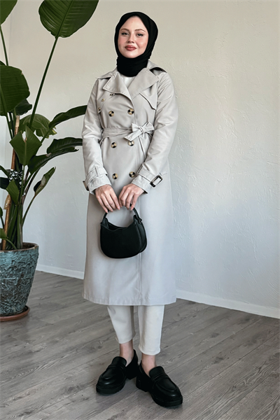 Arkası Zincir Detay Taş Trençkot