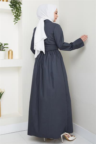 Asimetrik Düğme Detaylı Antrasit Elbise