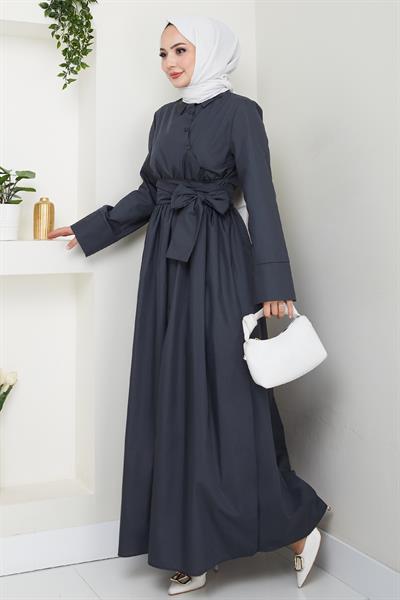 Asimetrik Düğme Detaylı Antrasit Elbise