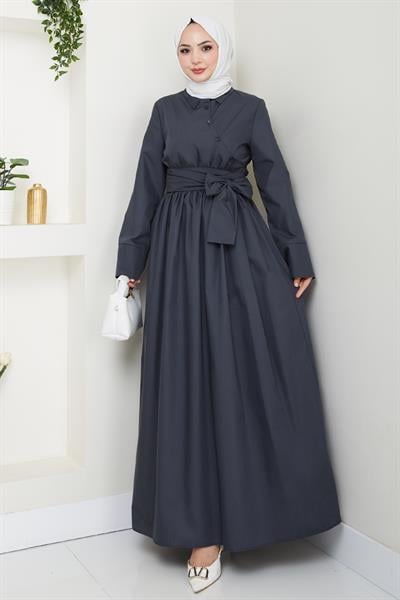 Asimetrik Düğme Detaylı Antrasit Elbise