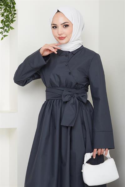 Asimetrik Düğme Detaylı Antrasit Elbise