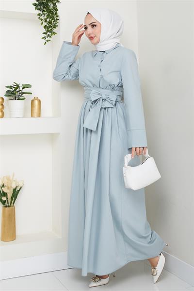Asimetrik Düğme Detaylı Bebe Mavisi Elbise