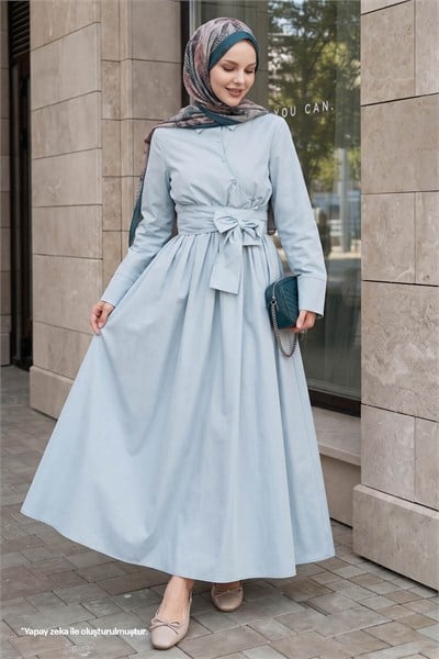 Asimetrik Düğme Detaylı Bebe Mavisi Elbise