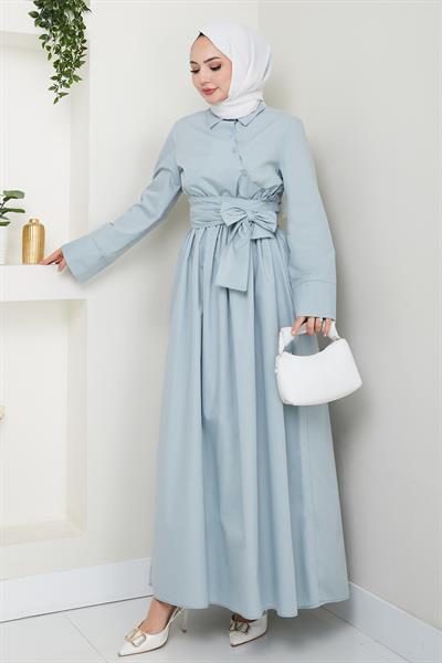 Asimetrik Düğme Detaylı Bebe Mavisi Elbise