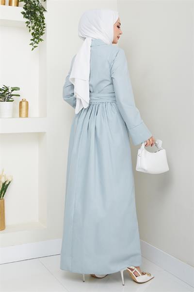 Asimetrik Düğme Detaylı Bebe Mavisi Elbise