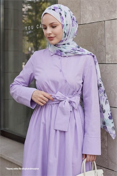 Asimetrik Düğme Detaylı Lila Elbise