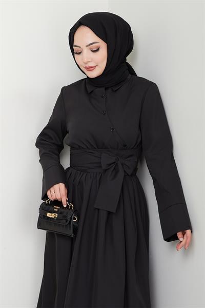 Asimetrik Düğme Detaylı Siyah Elbise