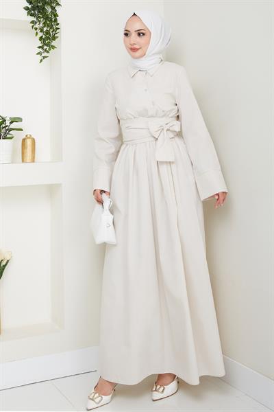 Asimetrik Düğme Detaylı Taş Elbise