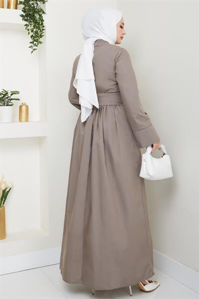 Asimetrik Düğme Detaylı Vizon Elbise