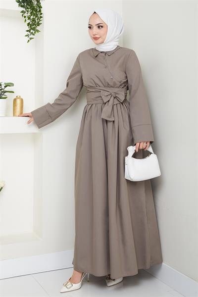 Asimetrik Düğme Detaylı Vizon Elbise