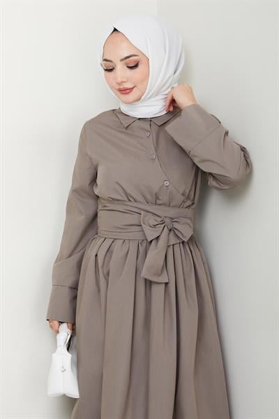 Asimetrik Düğme Detaylı Vizon Elbise