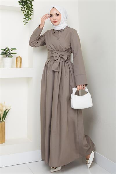 Asimetrik Düğme Detaylı Vizon Elbise