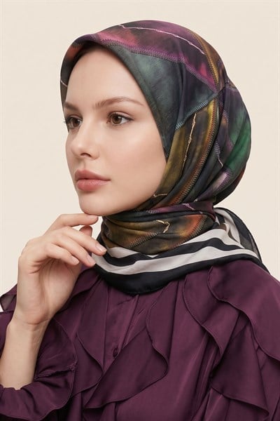 Asimetrik Kare Desen Siyah Soft Pamuk Eşarp