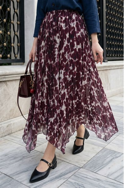 Astarlı Batik Şifon Etek Mürdüm