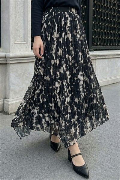 Astarlı Batik Şifon Etek Siyah