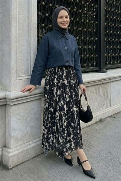 Astarlı Batik Şifon Etek Siyah