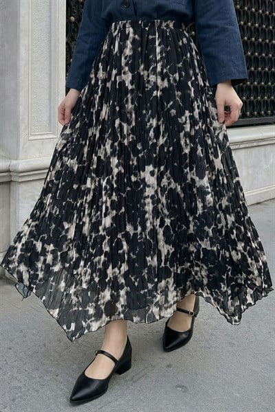 Astarlı Batik Şifon Etek Siyah