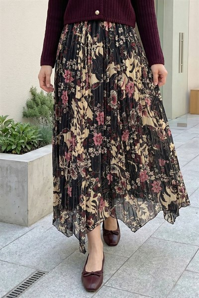 Astarlı Çiçekli Şifon Etek Sarı