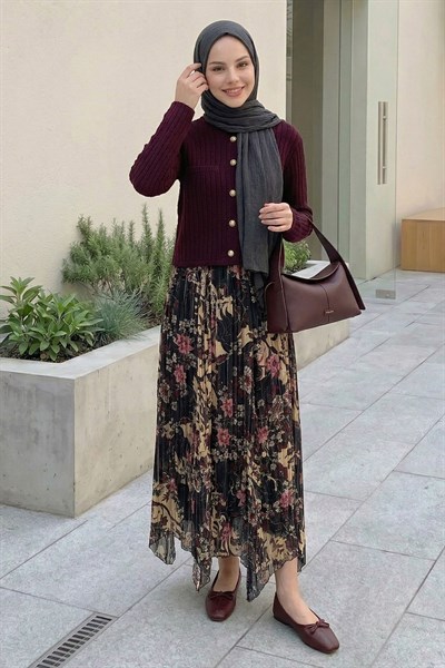 Astarlı Çiçekli Şifon Etek Sarı