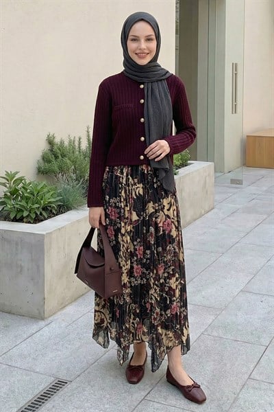 Astarlı Çiçekli Şifon Etek Sarı