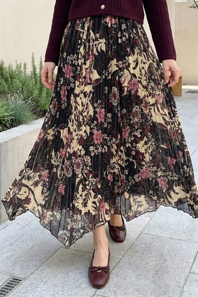 Astarlı Çiçekli Şifon Etek Sarı