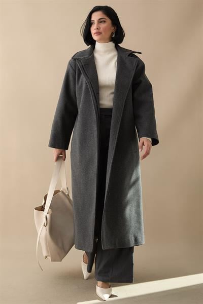 Astarlı Gizli Patlı Kuşaklı Antrasit Kaşe Kaban