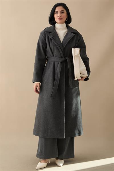 Astarlı Gizli Patlı Kuşaklı Antrasit Kaşe Kaban