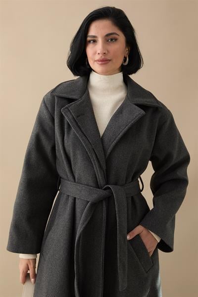 Astarlı Gizli Patlı Kuşaklı Antrasit Kaşe Kaban