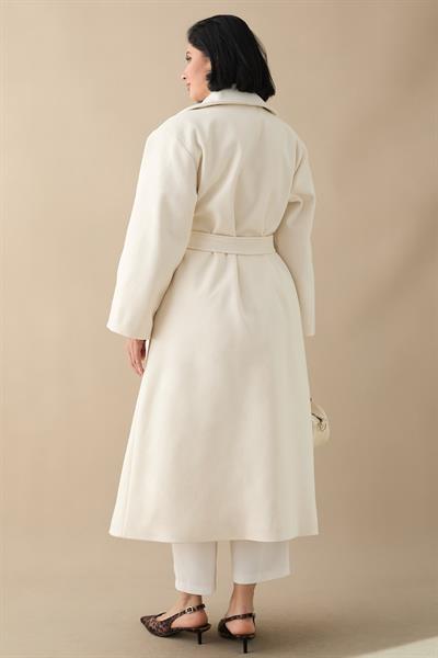 Astarlı Gizli Patlı Kuşaklı Krem Kaşe Kaban