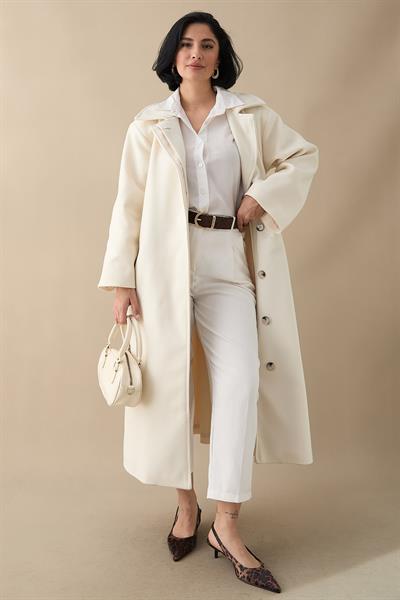 Astarlı Gizli Patlı Kuşaklı Krem Kaşe Kaban