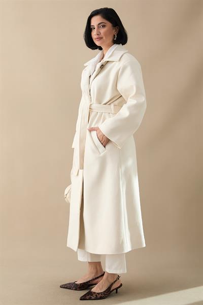 Astarlı Gizli Patlı Kuşaklı Krem Kaşe Kaban