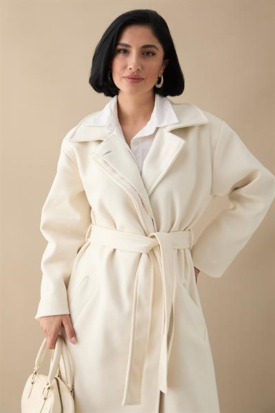 Astarlı Gizli Patlı Kuşaklı Krem Kaşe Kaban