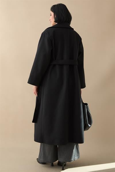 Astarlı Gizli Patlı Kuşaklı Siyah Kaşe Kaban