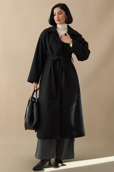 Astarlı Gizli Patlı Kuşaklı Siyah Kaşe Kaban